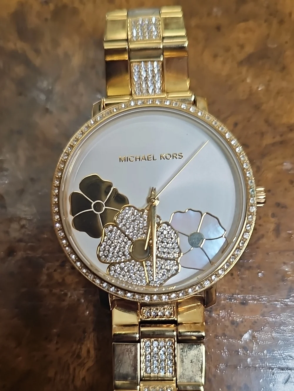 Michael Kors Gold-tone Floral Crystal Bracelet Watch with White Dial